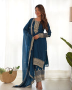 Lorenvalley Fashion Teal Chinon Silk Fabric With Beautiful Embroidery Sequence, Jari Work Kurta Pant with Dupatta | Grocsy