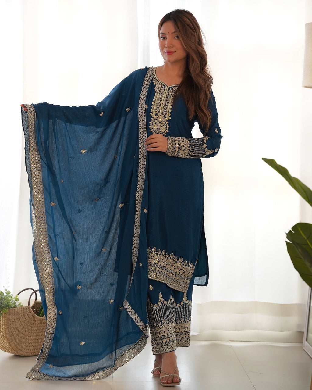 Lorenvalley Fashion Teal Chinon Silk Fabric With Beautiful Embroidery Sequence, Jari Work Kurta Pant with Dupatta | Grocsy
