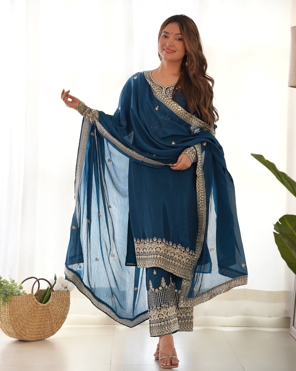 Lorenvalley Fashion Teal Chinon Silk Fabric With Beautiful Embroidery Sequence, Jari Work Kurta Pant with Dupatta | Grocsy