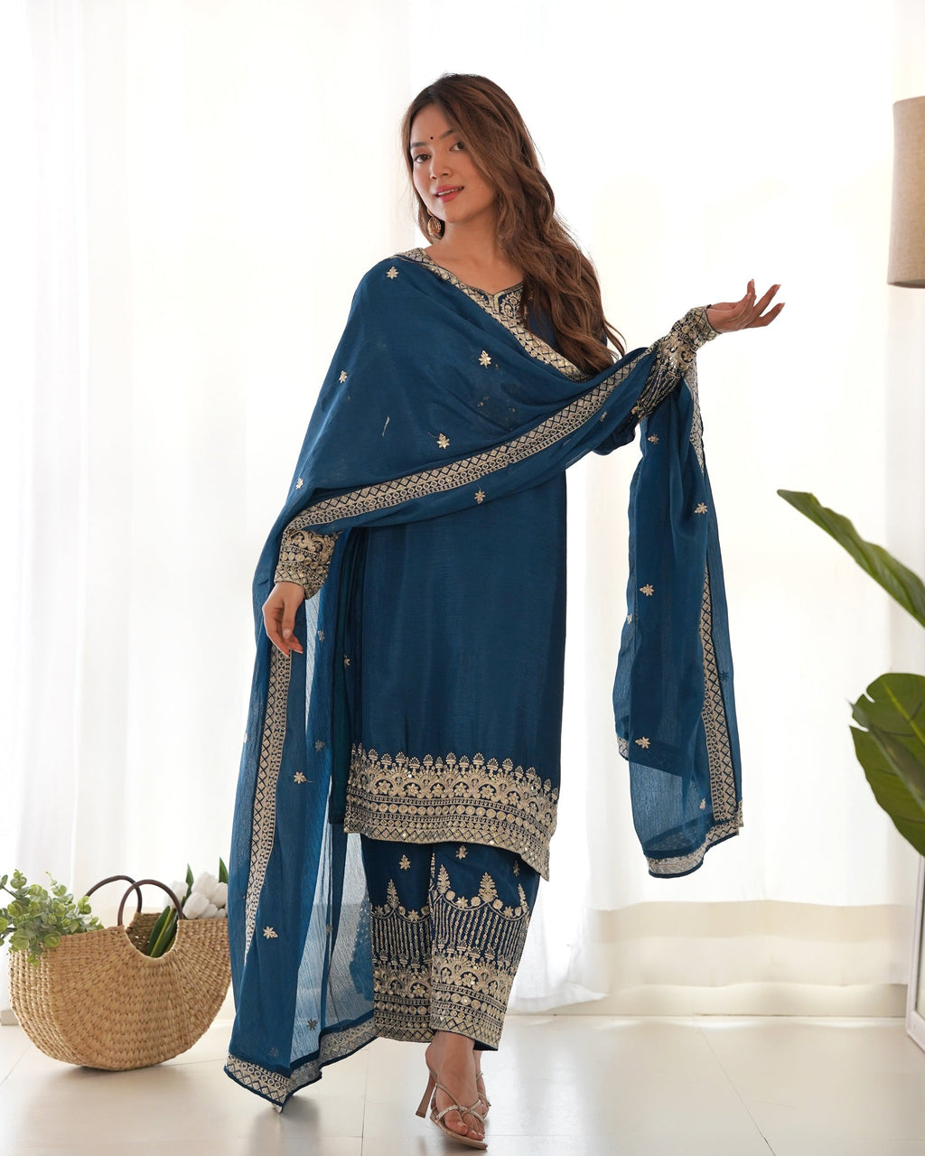 Lorenvalley Fashion Teal Chinon Silk Fabric With Beautiful Embroidery Sequence, Jari Work Kurta Pant with Dupatta | Grocsy