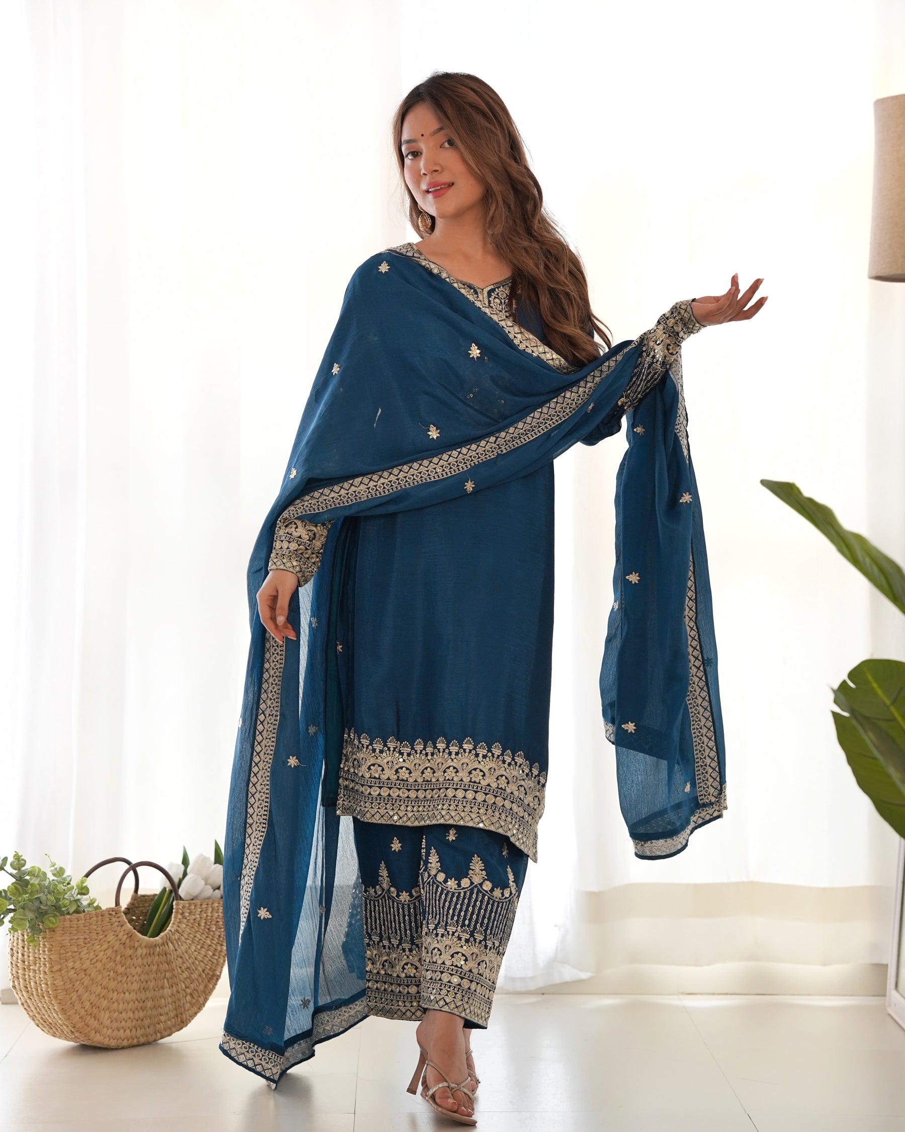 Lorenvalley Fashion Teal Chinon Silk Fabric With Beautiful Embroidery Sequence, Jari Work Kurta Pant with Dupatta | Grocsy