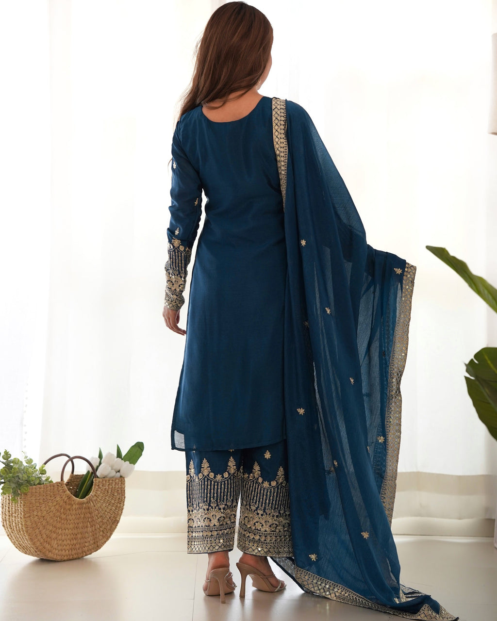 Lorenvalley Fashion Teal Chinon Silk Fabric With Beautiful Embroidery Sequence, Jari Work Kurta Pant with Dupatta | Grocsy