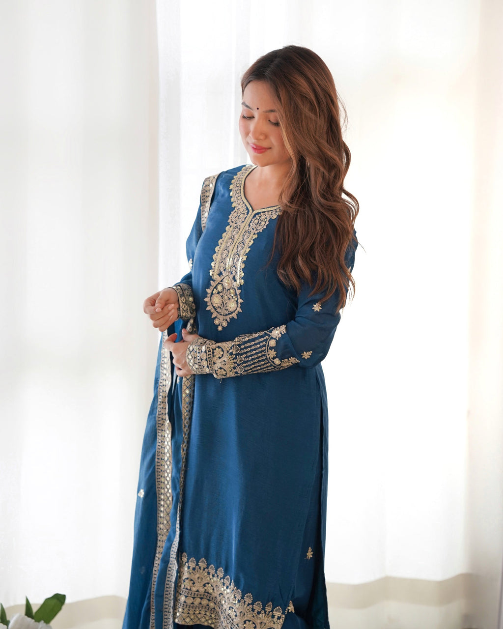 Lorenvalley Fashion Teal Chinon Silk Fabric With Beautiful Embroidery Sequence, Jari Work Kurta Pant with Dupatta | Grocsy