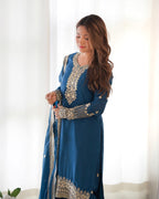 Lorenvalley Fashion Teal Chinon Silk Fabric With Beautiful Embroidery Sequence, Jari Work Kurta Pant with Dupatta | Grocsy