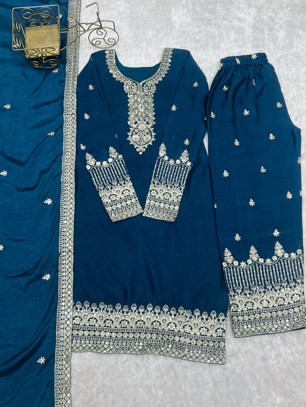 Lorenvalley Fashion Teal Chinon Silk Fabric With Beautiful Embroidery Sequence, Jari Work Kurta Pant with Dupatta | Grocsy