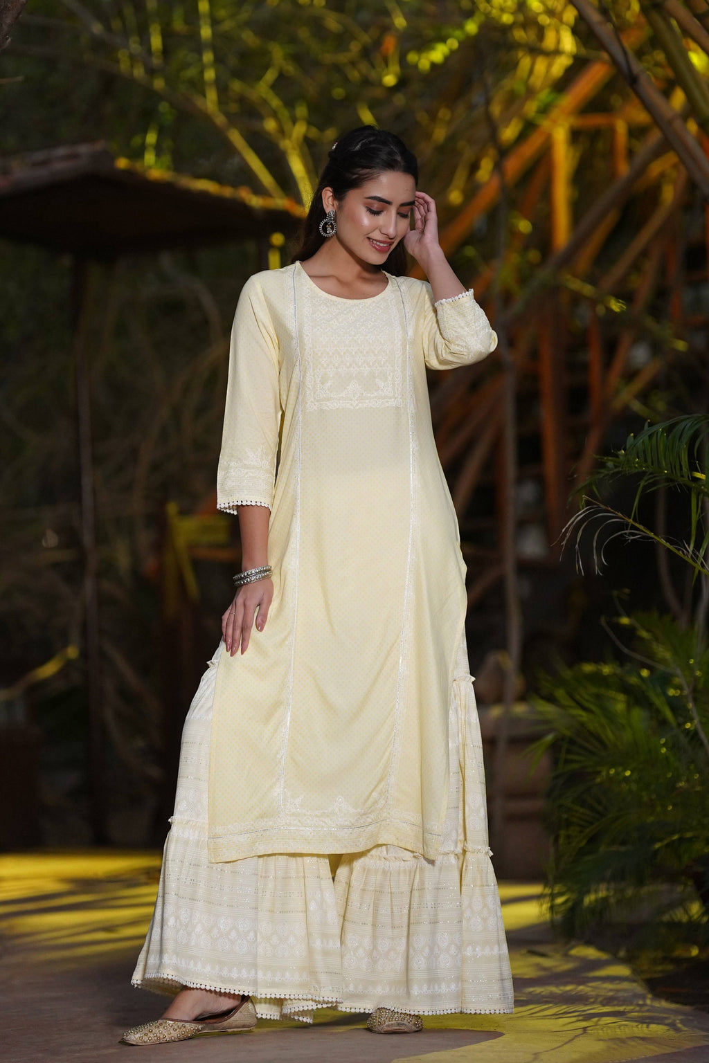 Juniper Yellow Ethnic Motif Printed Rayon Kurta & Sharara Set with Gota & Lace Work | Grocsy