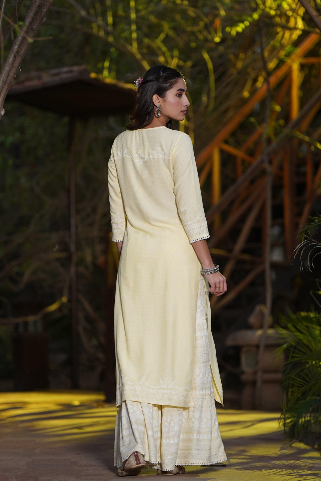 Juniper Yellow Ethnic Motif Printed Rayon Kurta & Sharara Set with Gota & Lace Work | Grocsy