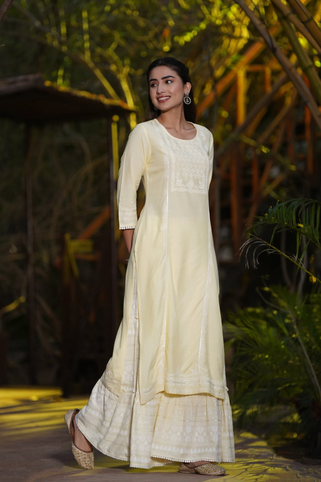Juniper Yellow Ethnic Motif Printed Rayon Kurta & Sharara Set with Gota & Lace Work | Grocsy