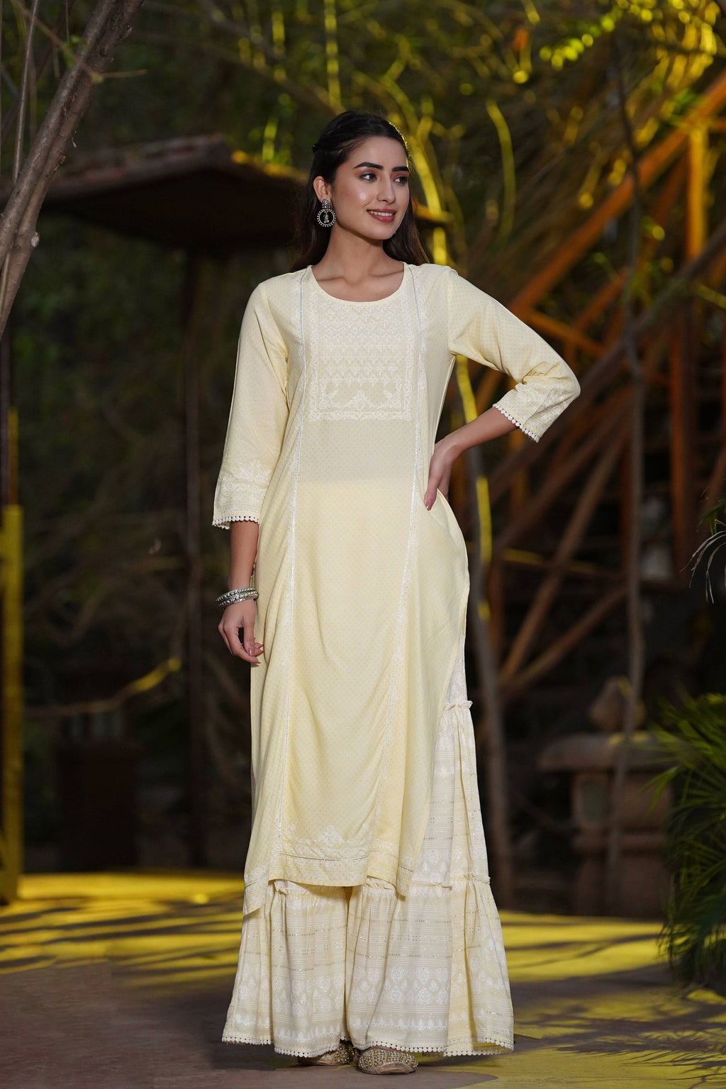 Juniper Yellow Ethnic Motif Printed Rayon Kurta & Sharara Set with Gota & Lace Work | Grocsy