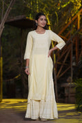 Juniper Yellow Ethnic Motif Printed Rayon Kurta & Sharara Set with Gota & Lace Work | Grocsy