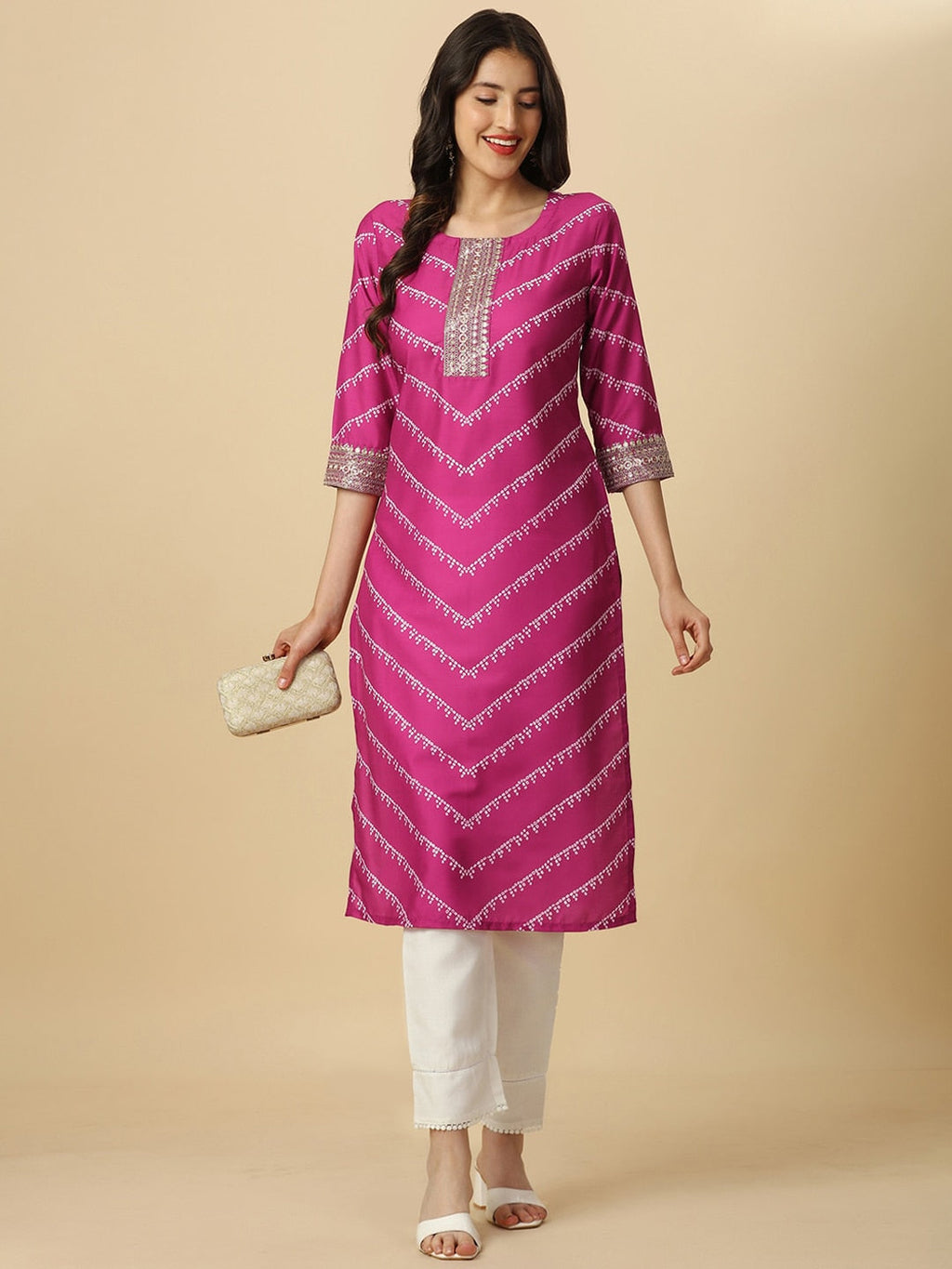 HERE&NOW Pink & White Bandhani Printed Sequinned Straight Kurta | Grocsy