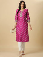 HERE&NOW Pink & White Bandhani Printed Sequinned Straight Kurta | Grocsy