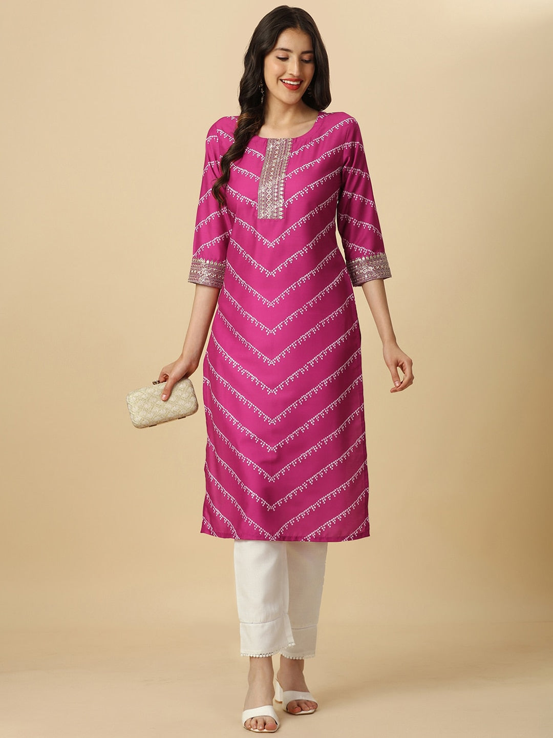 HERE&NOW Pink & White Bandhani Printed Sequinned Straight Kurta | Grocsy