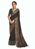 Joban Fashion Brown Art Silk With Fine Viscose Border Ajrak Full Body Print With Soft Finish Saree | Grocsy