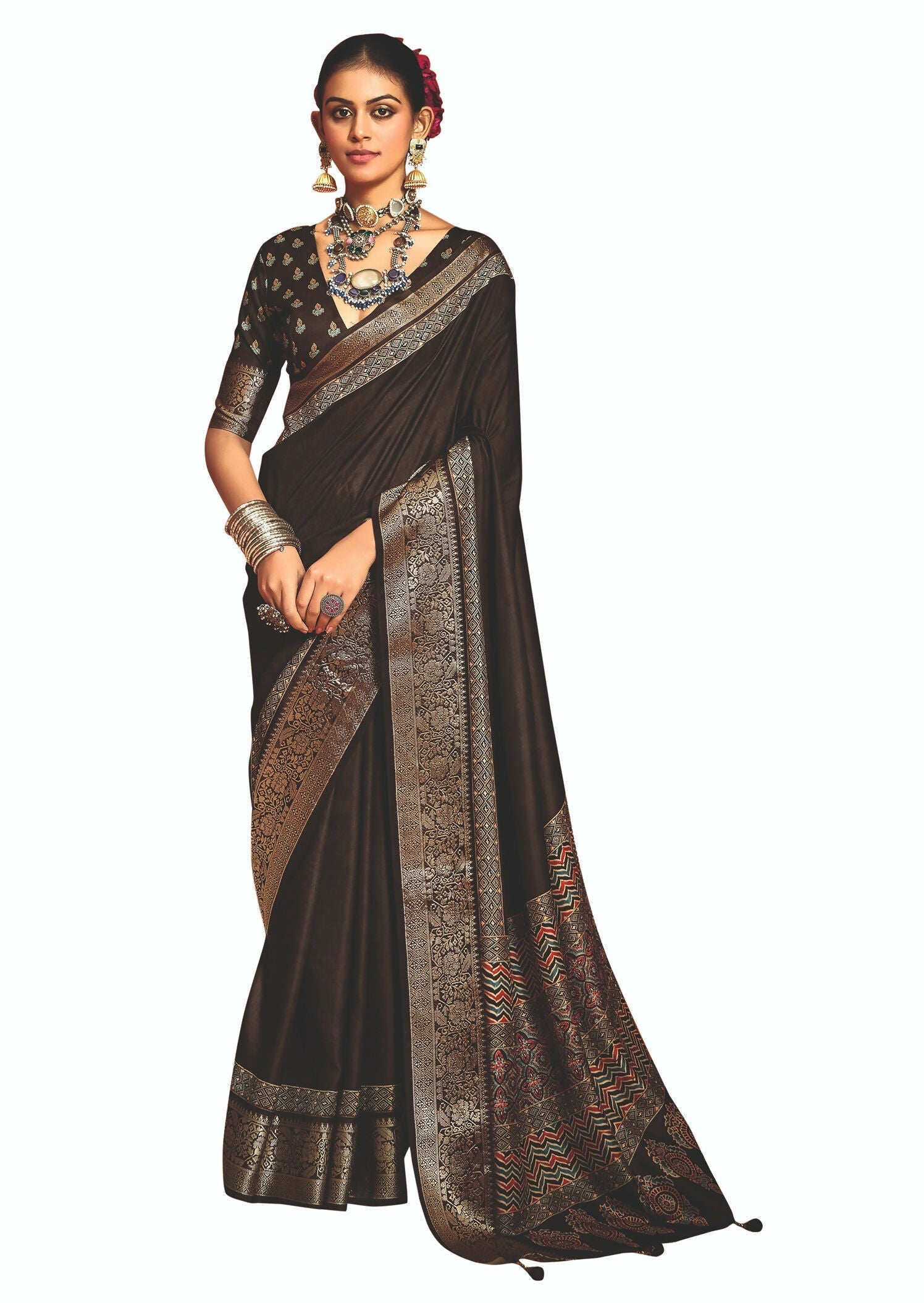 Joban Fashion Brown Art Silk With Fine Viscose Border Ajrak Full Body Print With Soft Finish Saree | Grocsy