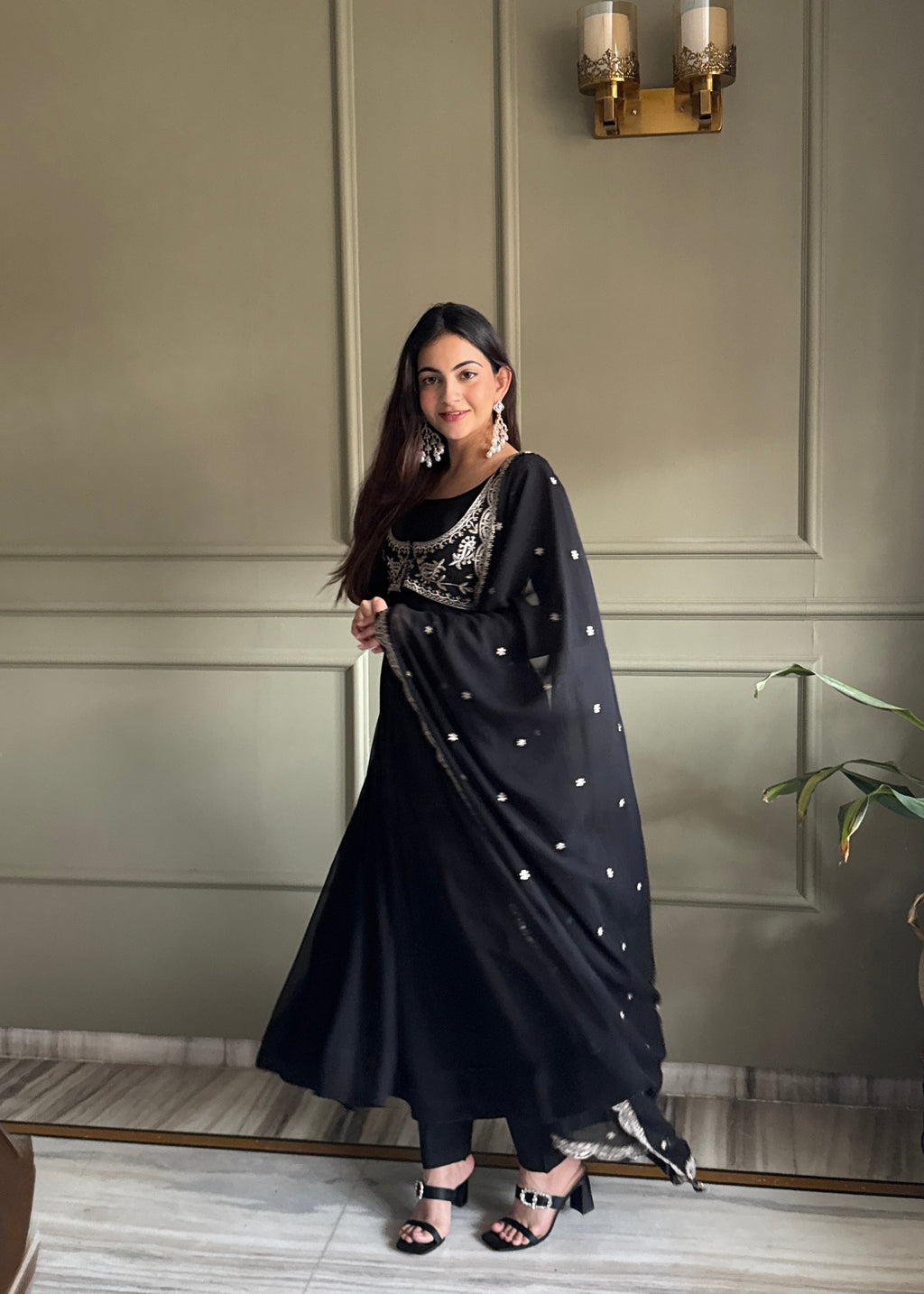 Lorenvalley Fashion Black Faux Georgette Yoke Fancy Work Koti 16 Kali Anarkali Gown Pant with Dupatta | Grocsy