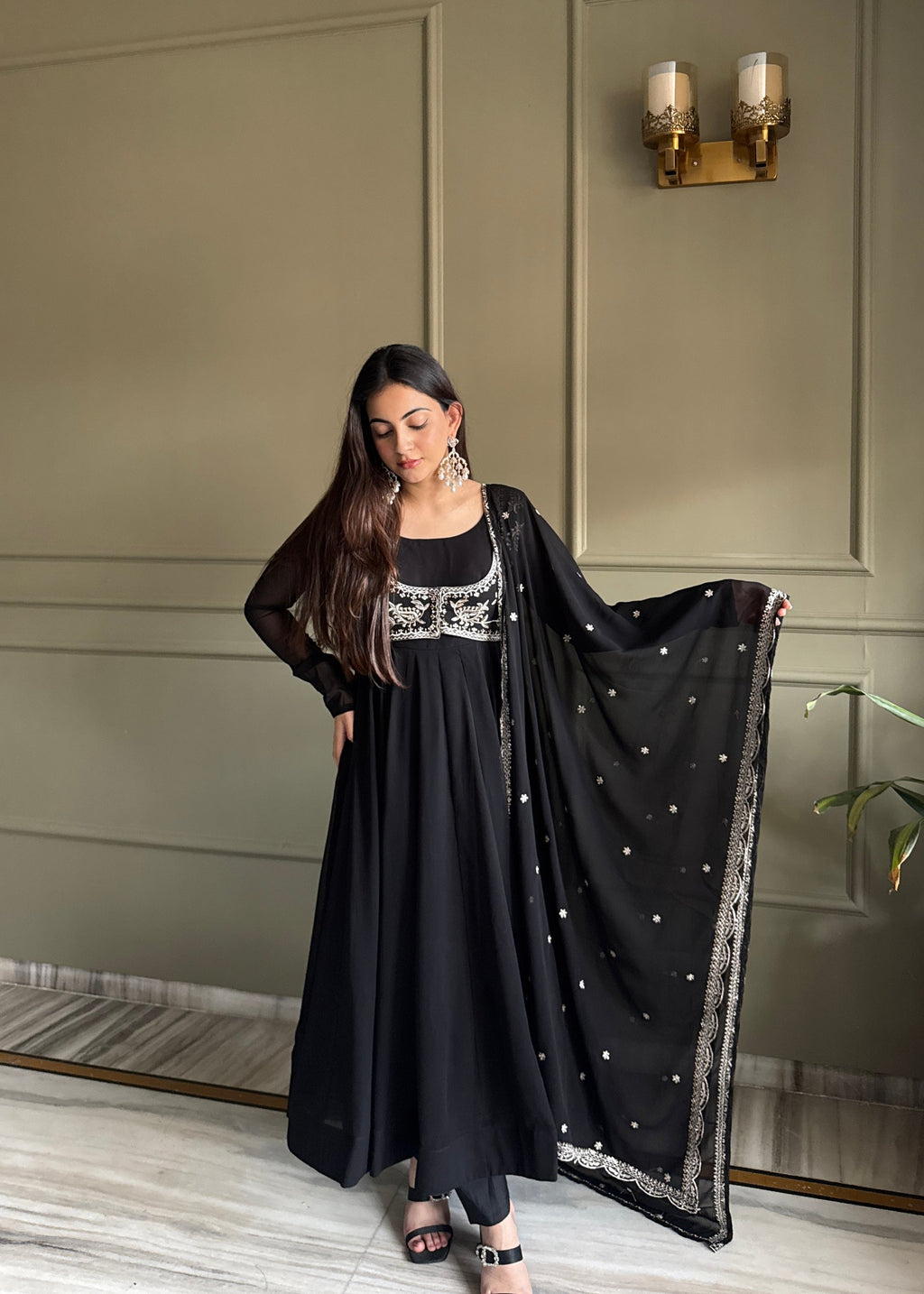 Lorenvalley Fashion Black Faux Georgette Yoke Fancy Work Koti 16 Kali Anarkali Gown Pant with Dupatta | Grocsy
