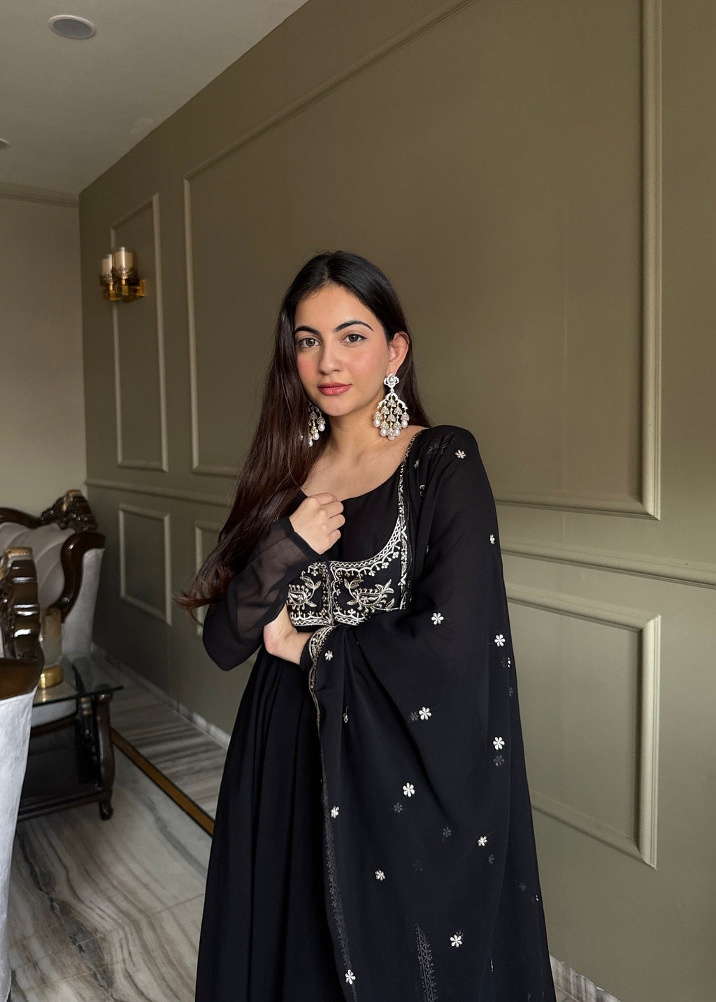Lorenvalley Fashion Black Faux Georgette Yoke Fancy Work Koti 16 Kali Anarkali Gown Pant with Dupatta | Grocsy