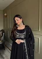 Lorenvalley Fashion Black Faux Georgette Yoke Fancy Work Koti 16 Kali Anarkali Gown Pant with Dupatta | Grocsy