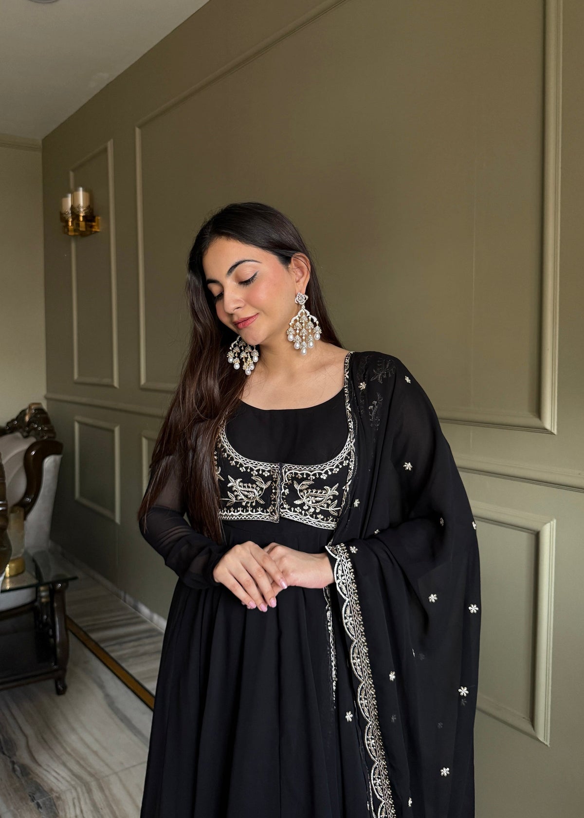 Lorenvalley Fashion Black Faux Georgette Yoke Fancy Work Koti 16 Kali Anarkali Gown Pant with Dupatta | Grocsy