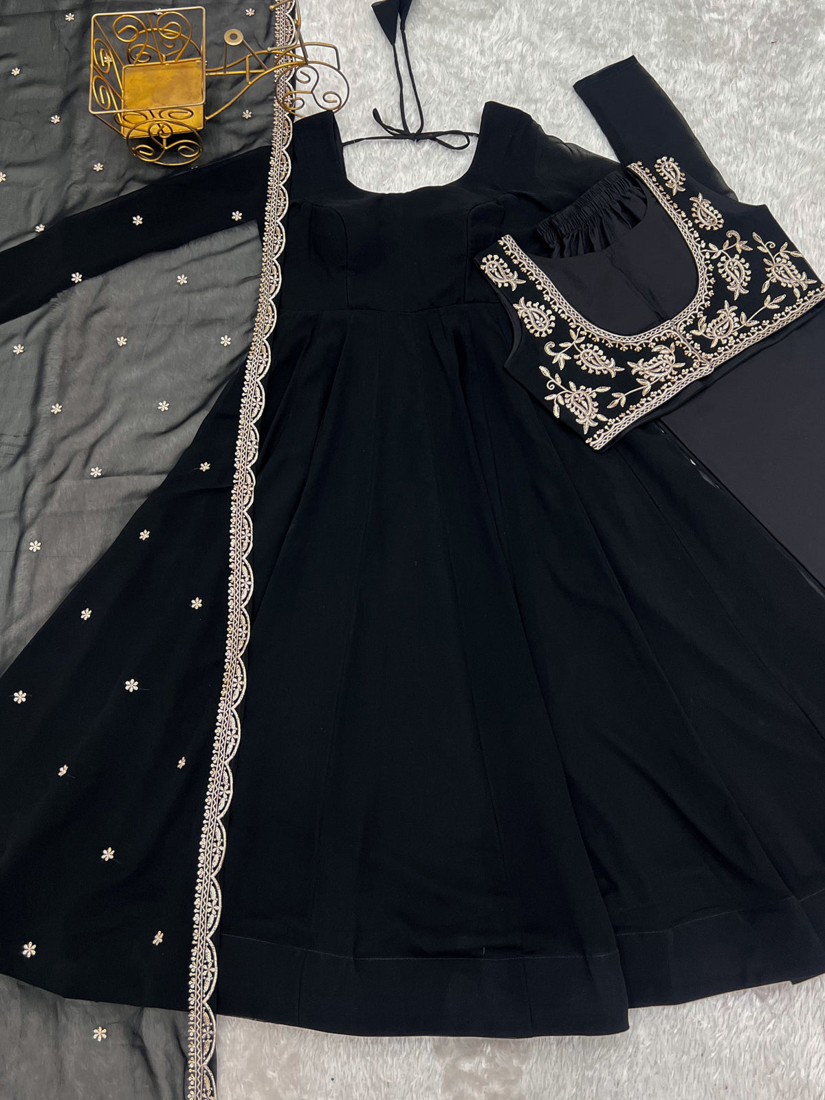 Lorenvalley Fashion Black Faux Georgette Yoke Fancy Work Koti 16 Kali Anarkali Gown Pant with Dupatta | Grocsy