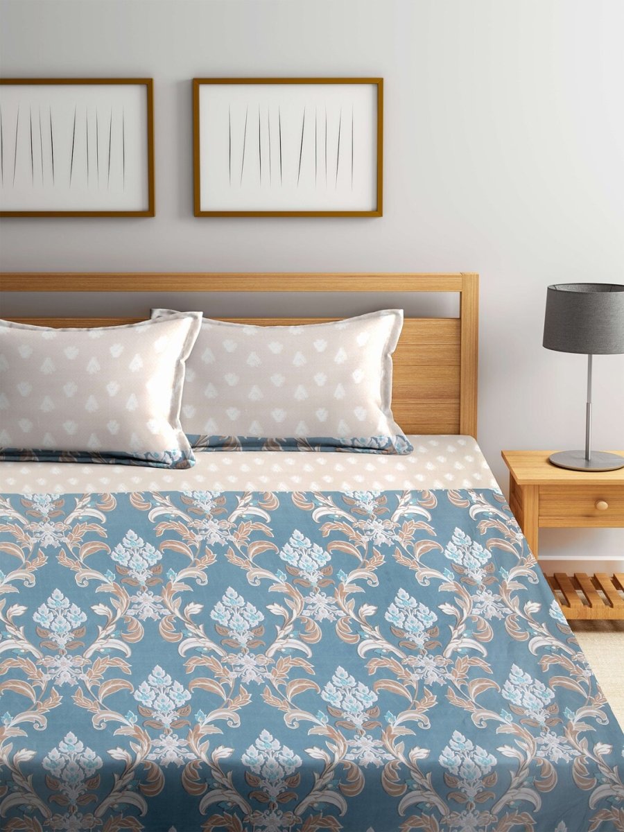 Arrabi Beige & Blue Floral 300 TC Super King Bedsheet With 2 Pillow Covers | Grocsy