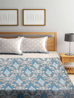 Arrabi Beige & Blue Floral 300 TC Super King Bedsheet With 2 Pillow Covers | Grocsy