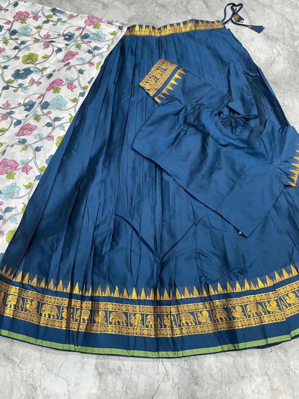Teeya Creation Womens New Trendy Teal Blue Traditional Pleated Lehenga Choli Set with Floral Printed Dupatta and Contrast Zari Border Set | Grocsy