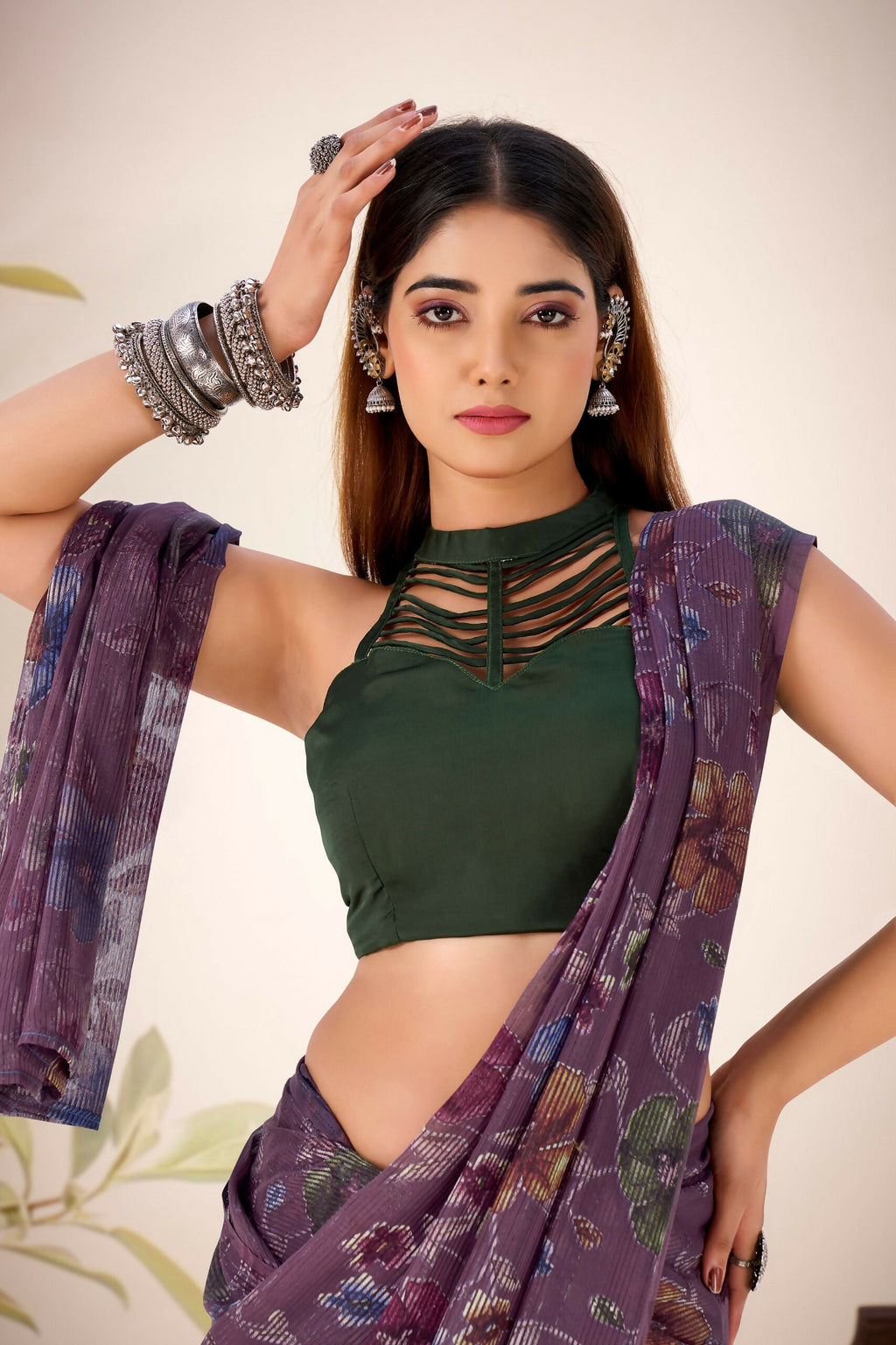 Vastranavya Wine Lurex Brasso Floral Printed Saree with Unstitched Blouse | Grocsy