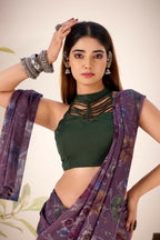 Vastranavya Wine Lurex Brasso Floral Printed Saree with Unstitched Blouse | Grocsy