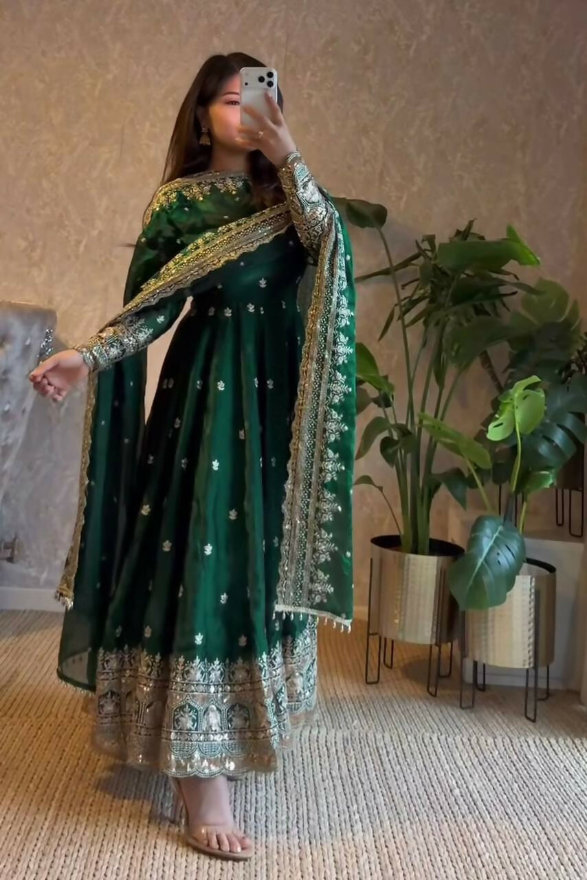Teeya Creation Green Fendi Silk Designer Heavy Work Wedding Wear Long Gown | Grocsy