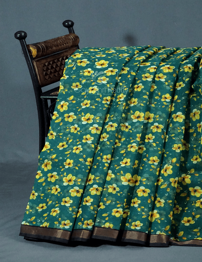 Peacock Green Colour Block Print Pure Kota Cotton Saree By Gayathri Reddy Designer Studio | Grocsy