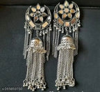 Tehzeeb Creations Women's Silver Colour Oxidised Earrings With Mirror And Chain | Grocsy