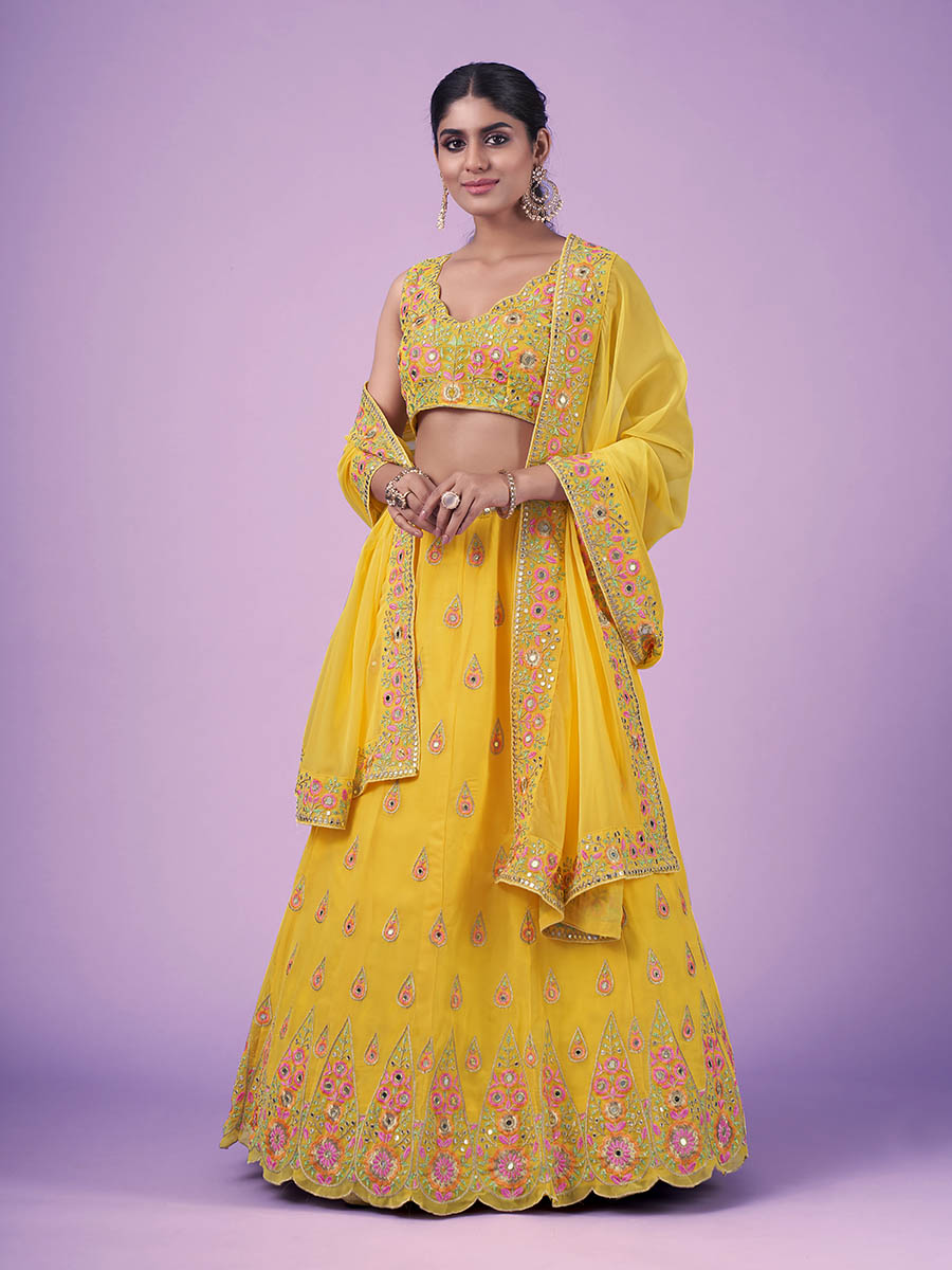 Myra Yellow Georgette Embroidered Designer Lehenga | Grocsy