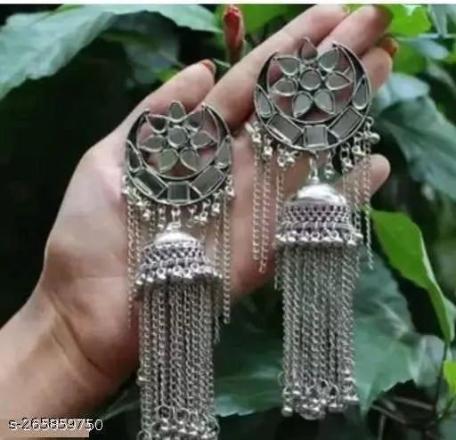 Tehzeeb Creations Women's Silver Colour Oxidised Earrings With Mirror And Chain | Grocsy