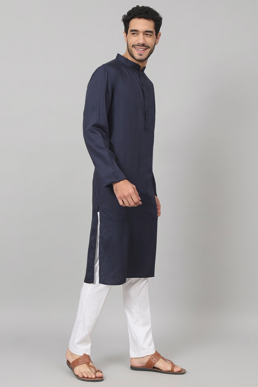 Giza Cotton Navy Blue Plain Kurta by Hilo Design | Grocsy