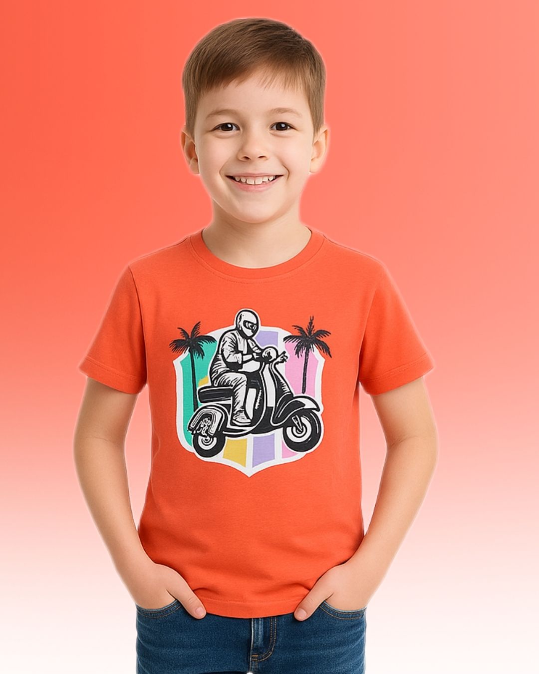 Chilins Round Orange Neck Printed Super Combed Cotton T-shirt | Grocsy