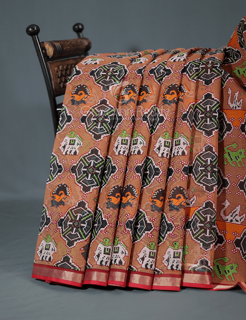 Shades of Light Chikoo Colour With Patola Design Pure Kota Cotton Saree By Gayathri Reddy Designer Studio | Grocsy