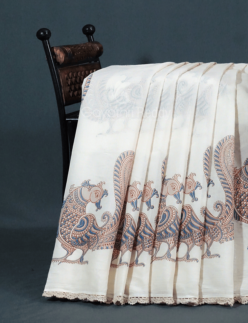 Cream Colour Peacock Block Print Crocia Mulmul Cotton Saree By Gayathri Reddy Designer Studio | Grocsy