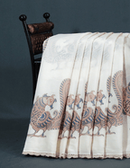 Cream Colour Peacock Block Print Crocia Mulmul Cotton Saree By Gayathri Reddy Designer Studio | Grocsy