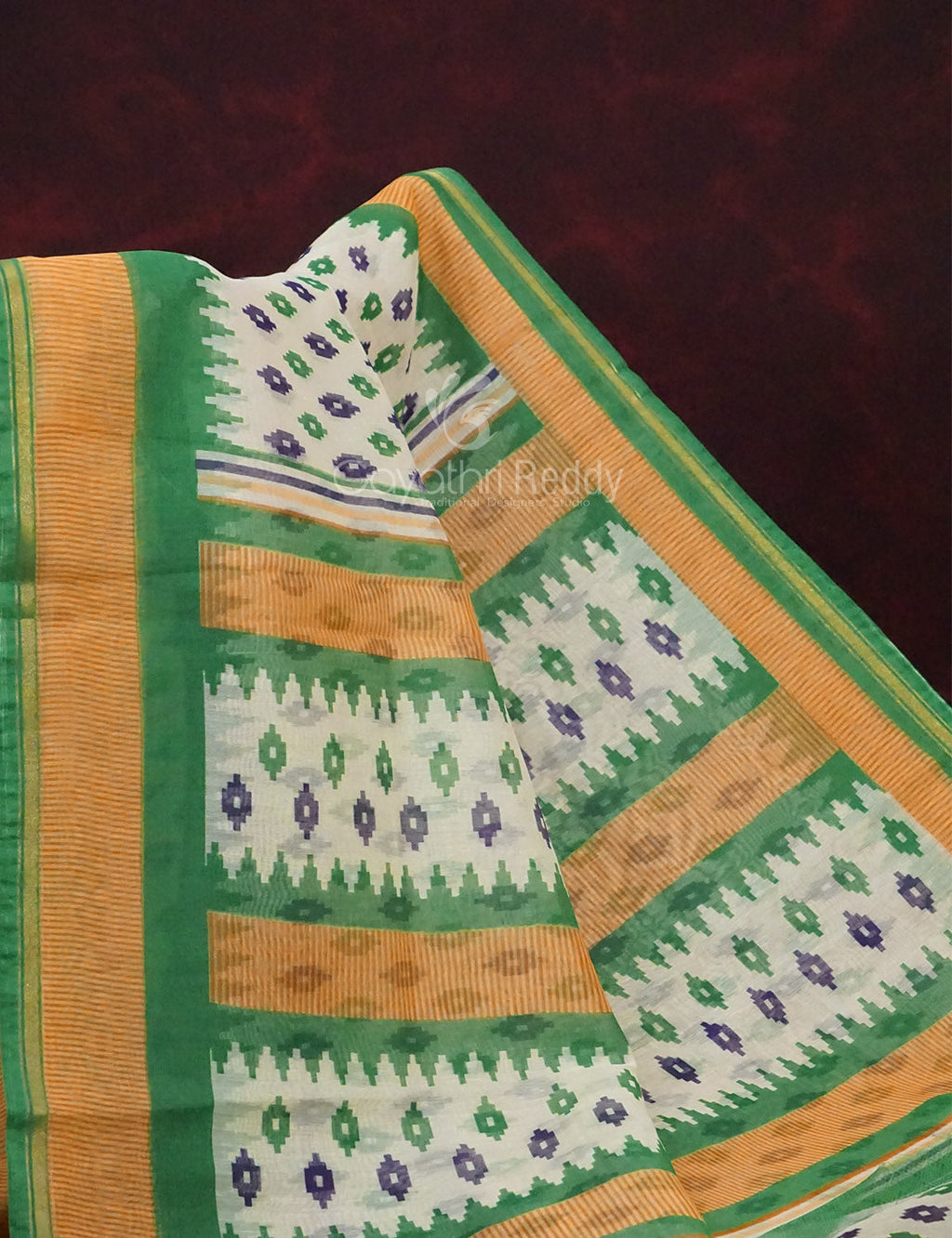 Combo of Off White and Mango Green Patan Patola Semi Chanderi Saree By Gayathri Reddy Designer Studio | Grocsy