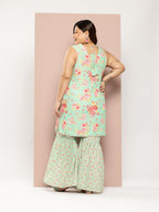 Sztori Plus Size Floral Printed Gotta Patti Pure Cotton Kurta with Sharara | Grocsy