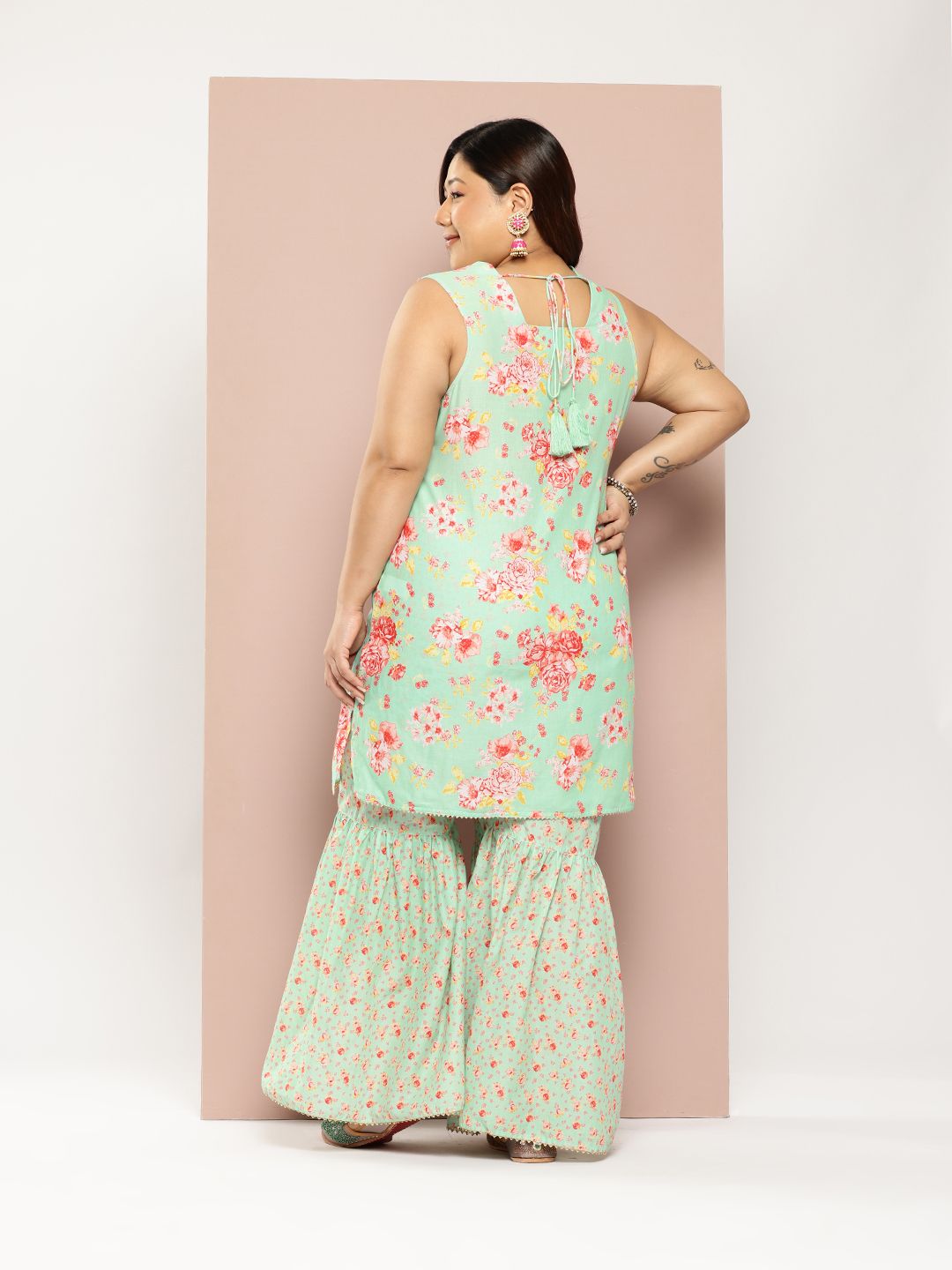 Sztori Plus Size Floral Printed Gotta Patti Pure Cotton Kurta with Sharara | Grocsy