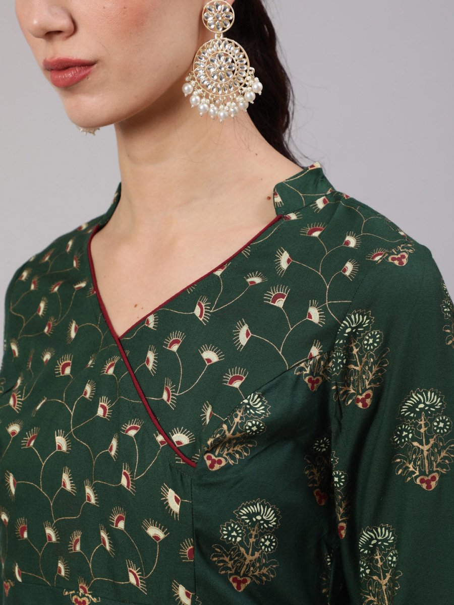 Aks Women Ethnic Motifs Printed Angrakha Kurta with Trousers | Grocsy