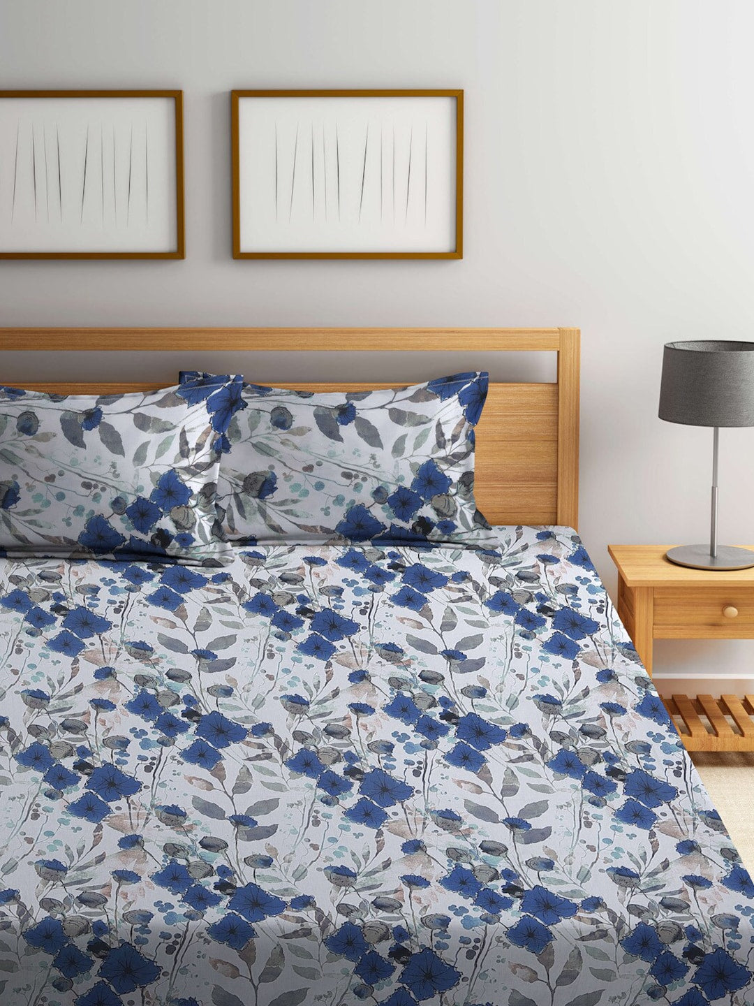 BOMBAY DYEING Blue & White Floral Cotton 144 TC Queen Bedsheet With 2 Pillow Covers | Grocsy