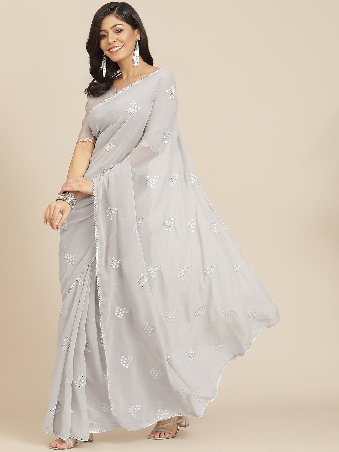 Tikhi Imli Grey Embroidered Mirror-Work Saree | Grocsy