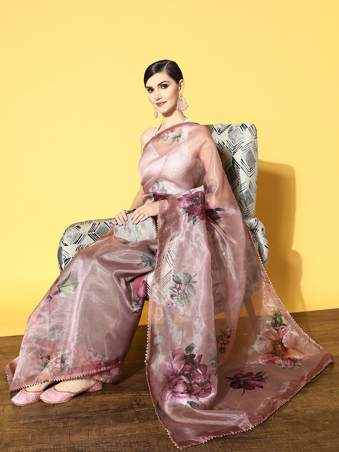 Tikhi Imli Pink & Green Floral Organza Saree | Grocsy