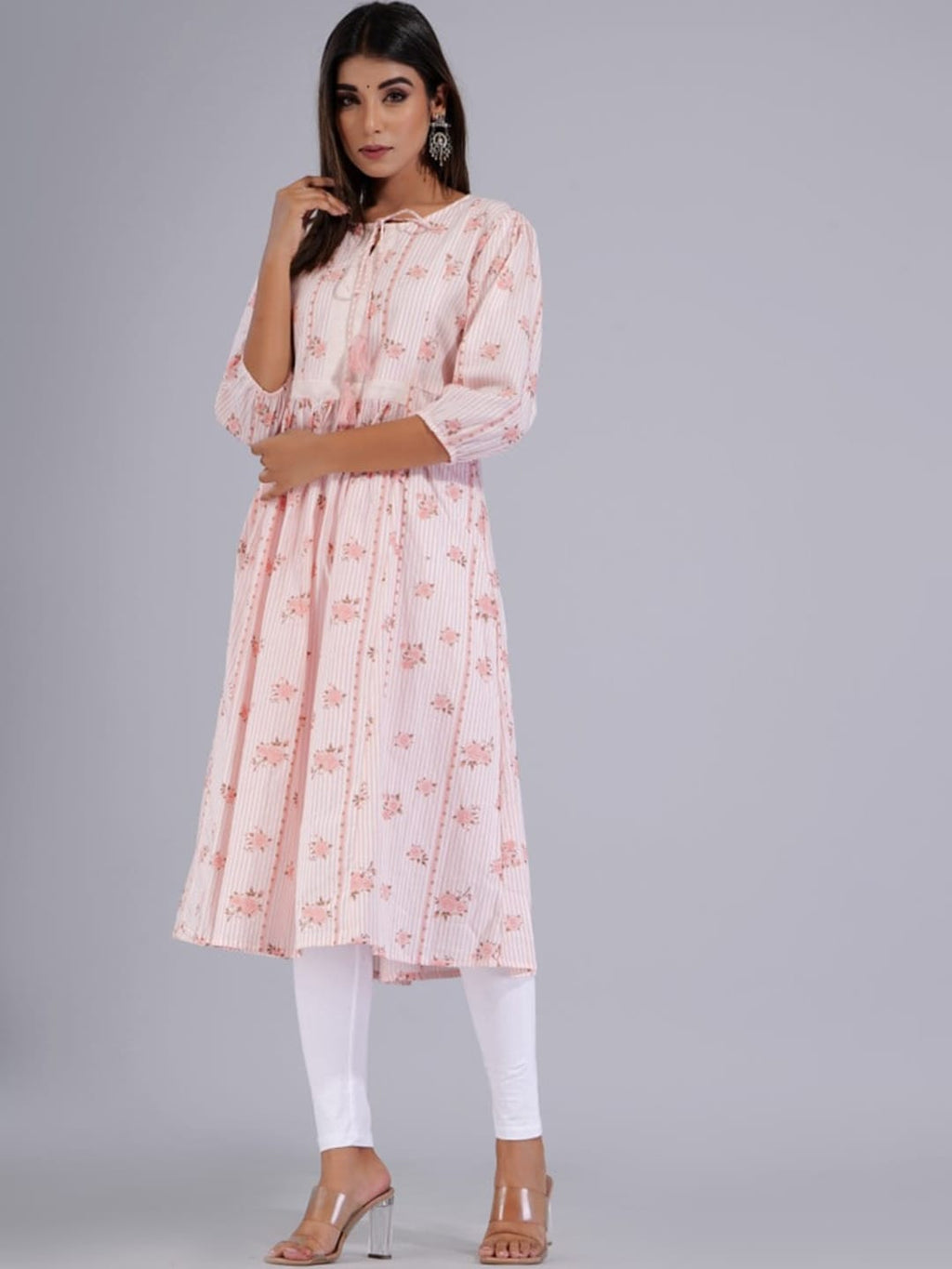 HERE&NOW Peach & White Floral Printed Tie-Up Neck Cotton A-Line Kurta | Grocsy