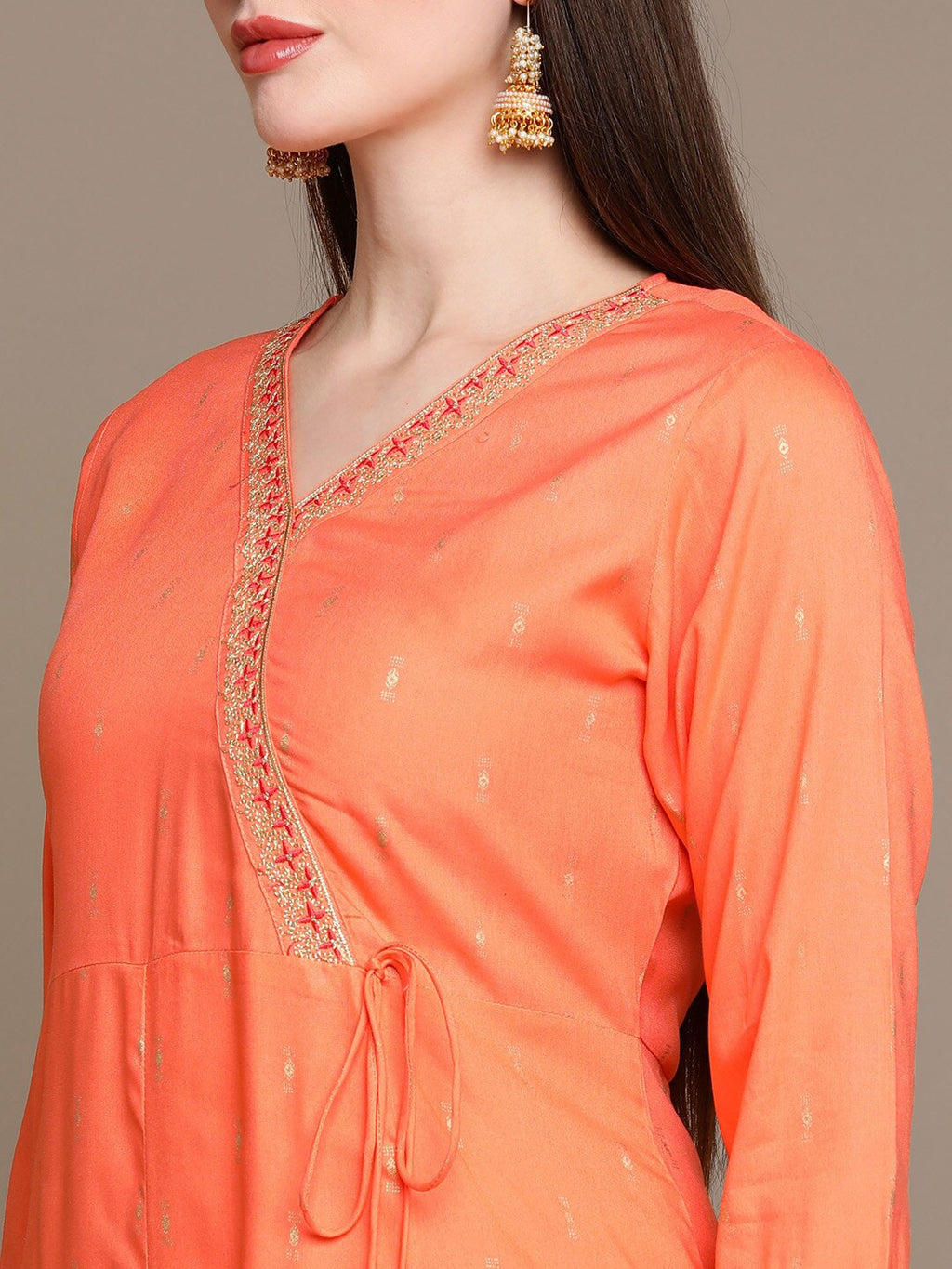 HERE&NOW Ethnic Motifs Printed Thread Work Angrakha Kurta with Palazzos & Dupatta | Grocsy
