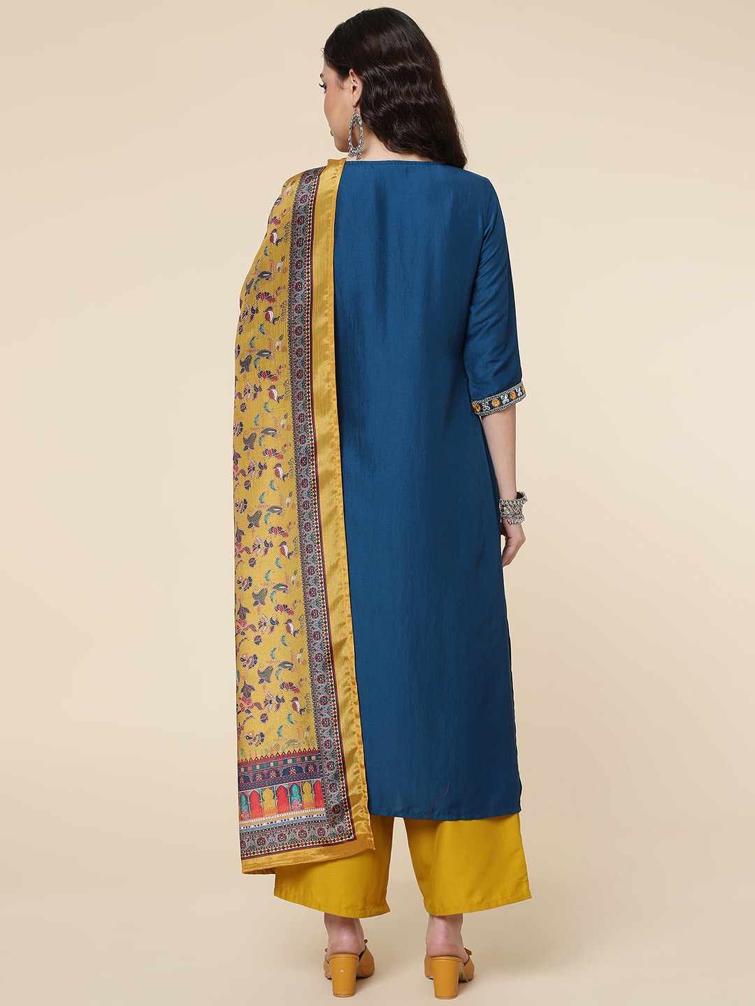 HERE&NOW Ethnic Motifs Embroidered Mirror Work Jute Silk Kurta with Trousers & Dupatta | Grocsy